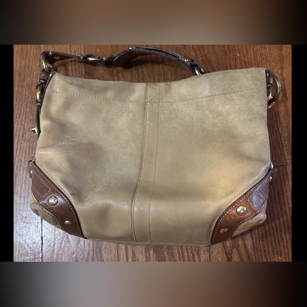 Coach Carly Hobo Shoulder Bag in Tan and Brown Leather with Brass Hardware Style